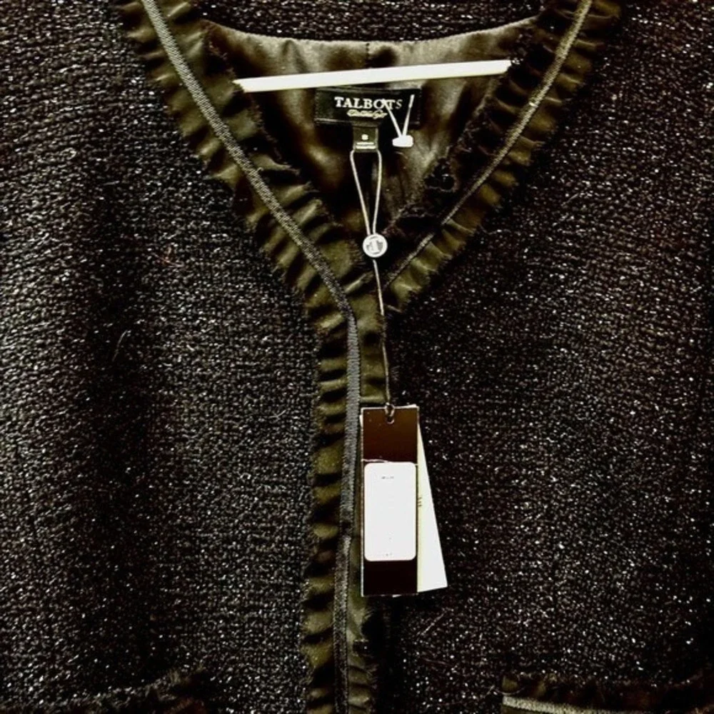 Black Tweed Ruffle Trim‎ Jacket Office Career Evening Wool Blend Sz 8 NWT